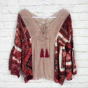 En Creme Boho Bell Sleeve Mixed Media Tassel Top S